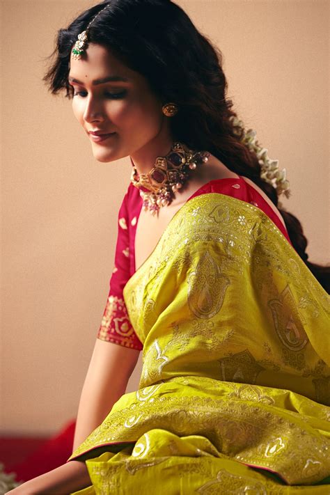 Shop for Lime Green Woven Viscose Silk Saree With Brocade Blouse Online ...