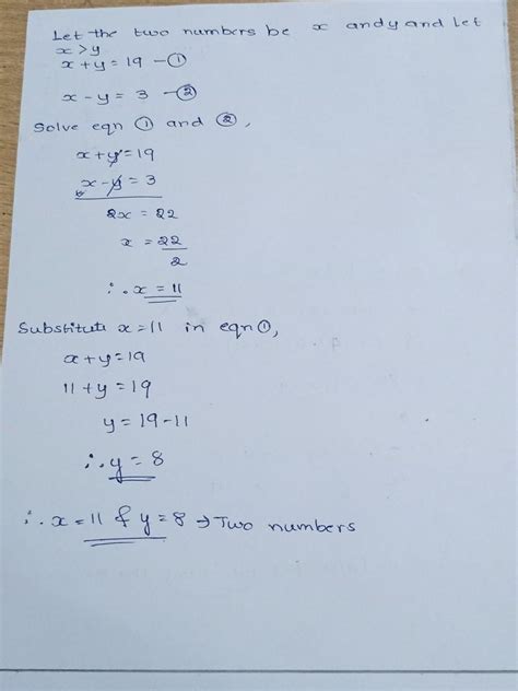 The sum of two number are 19 and the difference is 3 - Brainly.in