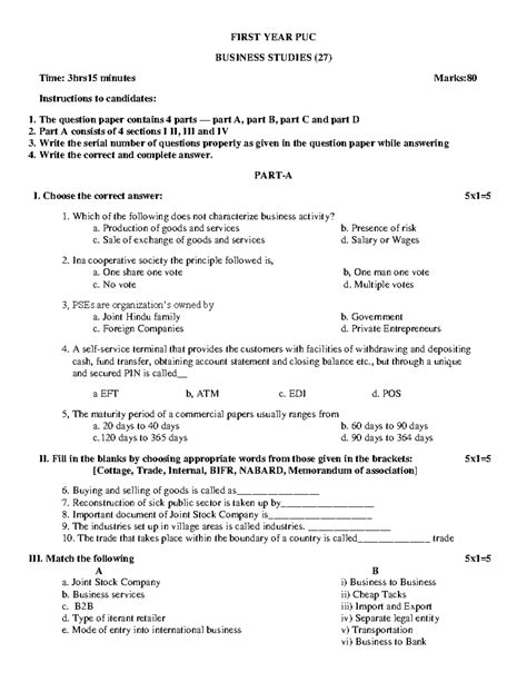 First Year PUC Business Studies (27) Exam Paper Overview - Studocu