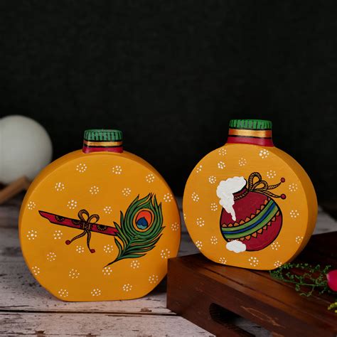 Buy 'Mor Pankh' Terracotta Vase Hand-Painted In Yellow Color, Set of 2 ...