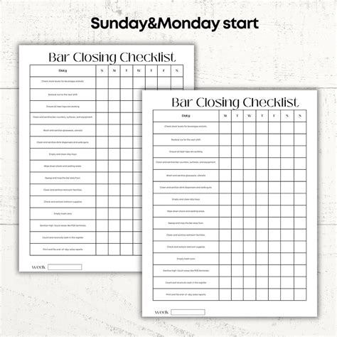 Bar Closing Checklist Bar End Shift Cleaning List Bar Cleaning Log Bar Templates Bartender ...