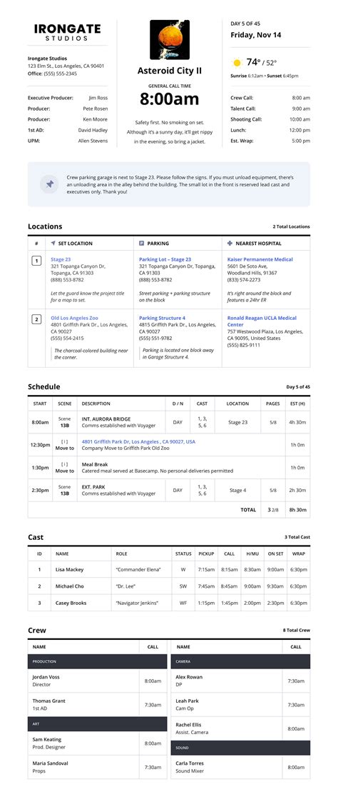 Call Sheet Examples for Film, Photo, and Video Productions