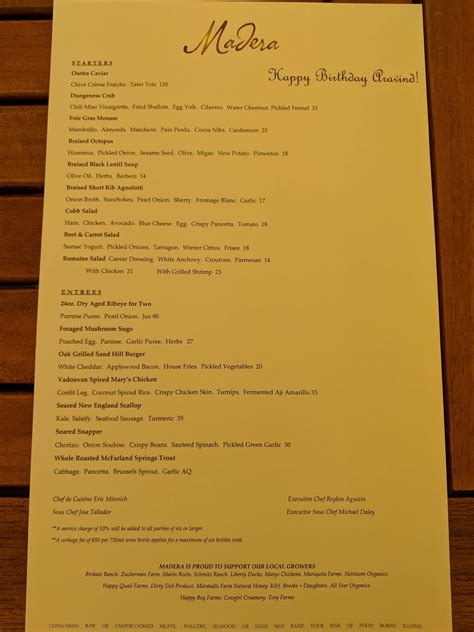 Menu at Madera restaurant, Menlo Park