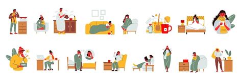 Flu set with isolated icons and human characters of sick people with ...
