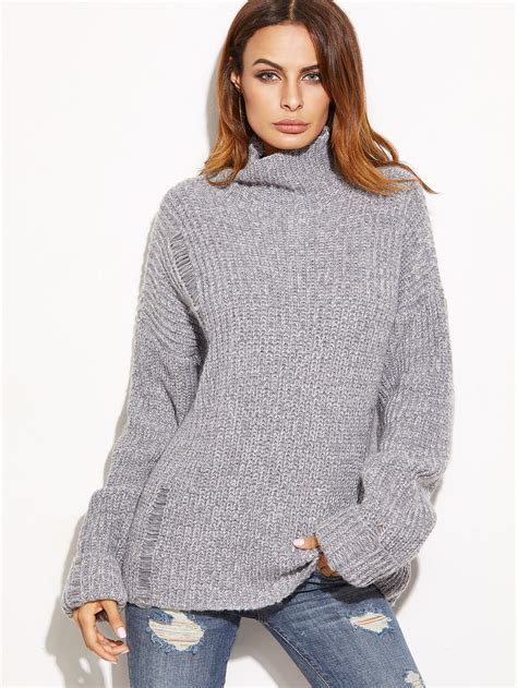 Grey Marled High Neck Ripped Oversized Sweater -SheIn(Sheinside)