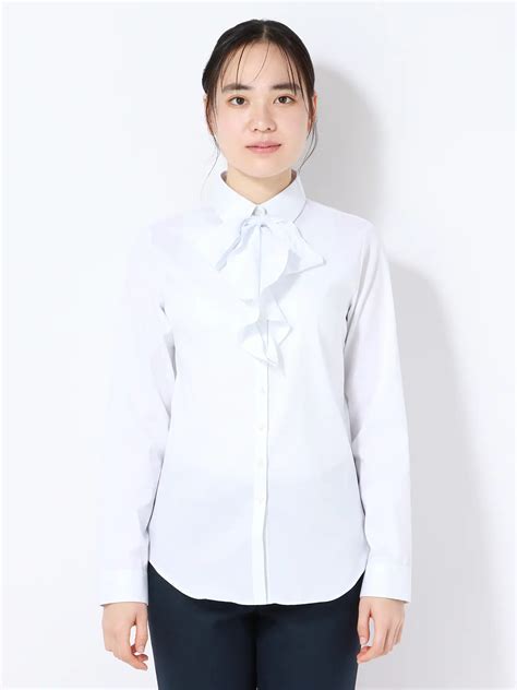リボン付きレギュラーカラーシャツ／Easy Care Stretch Blouse／UVカット | THE SUIT COMPANY ...