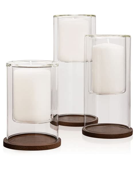 Elma Home Set of 3 Glass Hurricane Candle Holders with Beech Wood ...