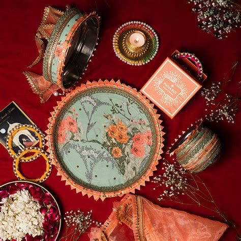 Buy Azalea Green Karwa Chauth Thali Set With Thali Cover Online in ...