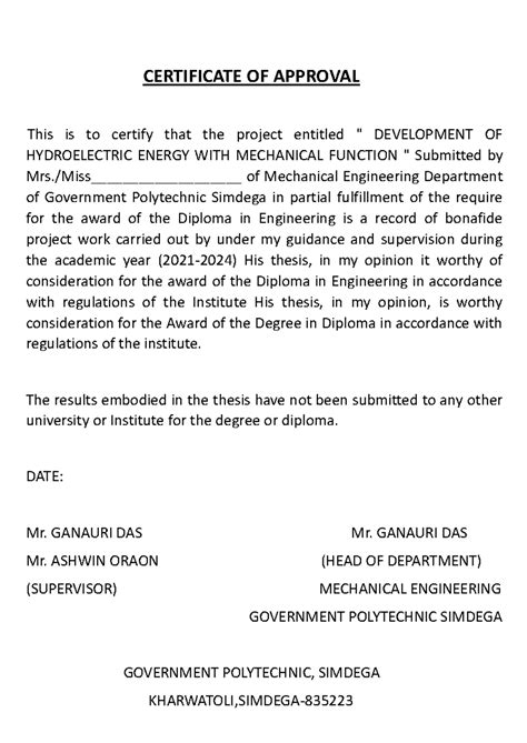 Certificate OF Approval - CERTIFICATE OF APPROVAL This is to certify ...