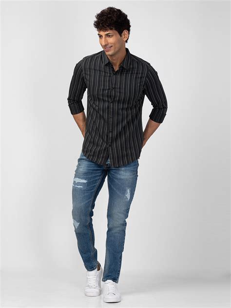 Spykar Men Bottle Green Cotton Slim Fit Striped Shirt ...