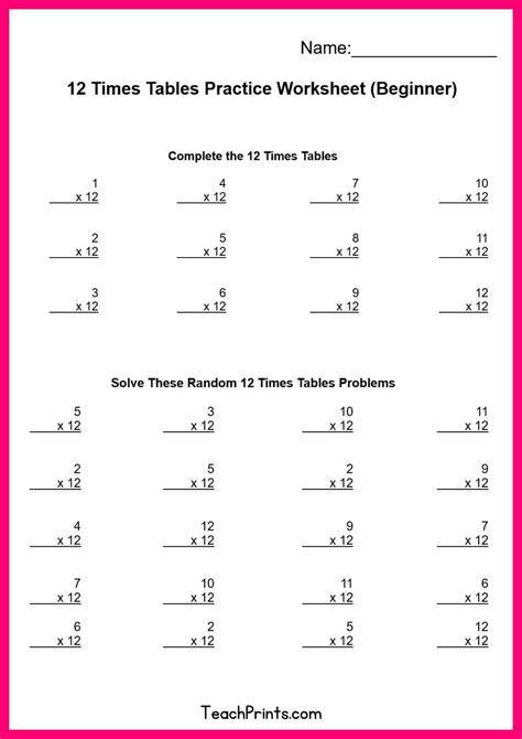 Free 12 Times Tables Worksheets (8 Versions) - Teach Prints