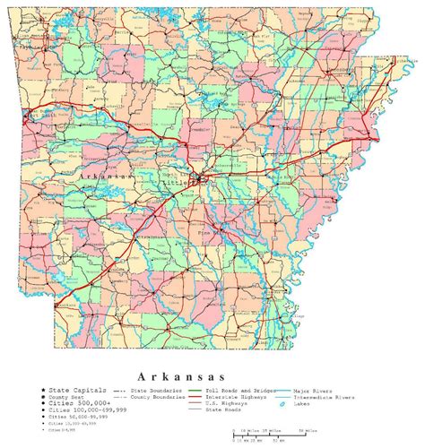 Large detailed administrative map of Arkansas state with roads ...