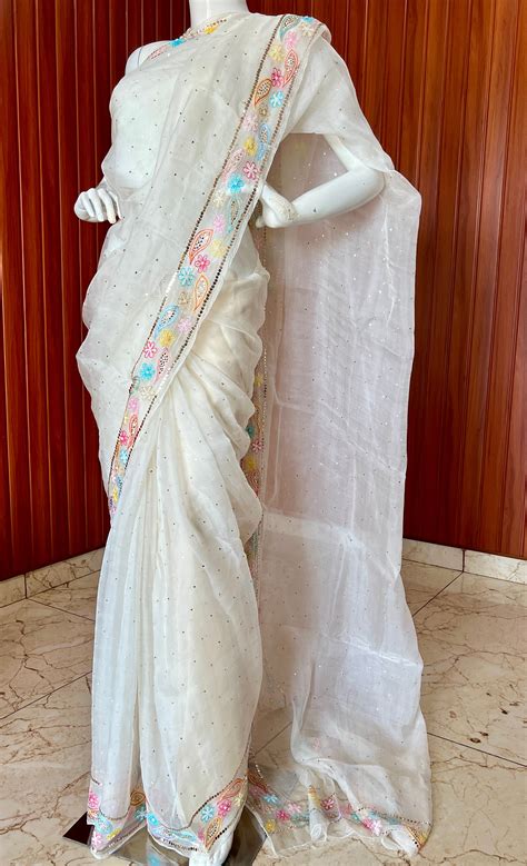 Ruhani Ivory Pure Organza Saree with Allover Mukaish and multicolored