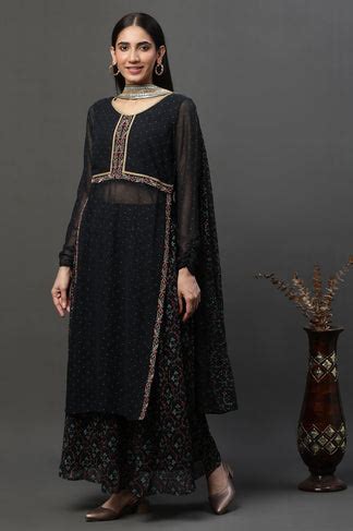 Buy Black Sheer Embroidered High-Slit Kurta, Skirt and Choker Dupatta ...