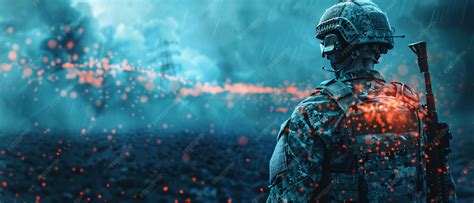 Military soldier standing in battle zone with sparks and smoke ...