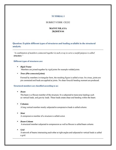 CE252 - Structural Analysis - TUTORIAL I SUBJECT CODE: CE MANVI NILAYA ...