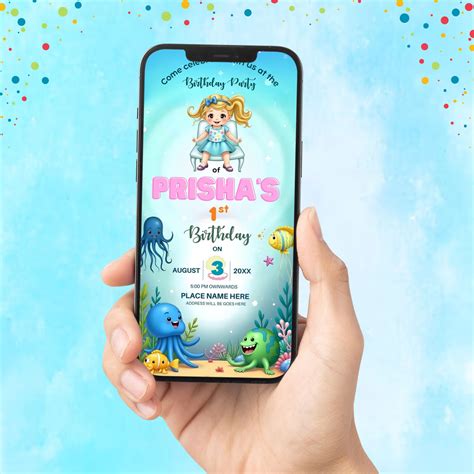 Sea Creatures 1st Birthday Invitation Card | Cute Ocean Theme Party E ...