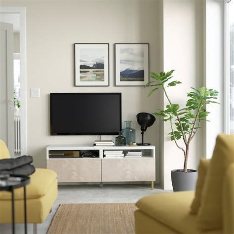BESTÅ TV bench with drawers, white/Bergsviken/Ösarp beige, 120x42x48 cm ...