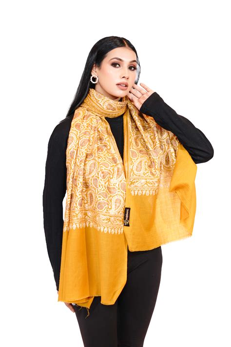 Traditional Aari Embroidered Woollen Stole for Women- Mellow Yellow ...