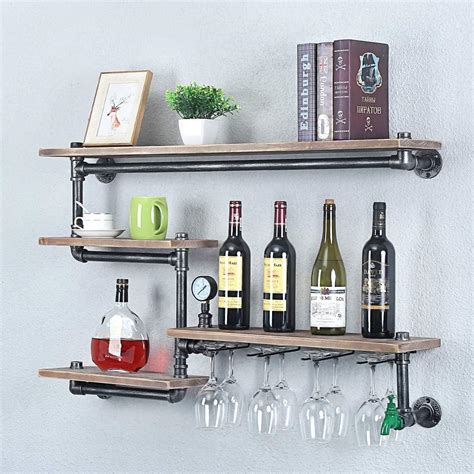 Buy Industrial Pipe Shelf Wine Racks with 4 Stem Glass Holder,Rustic ...