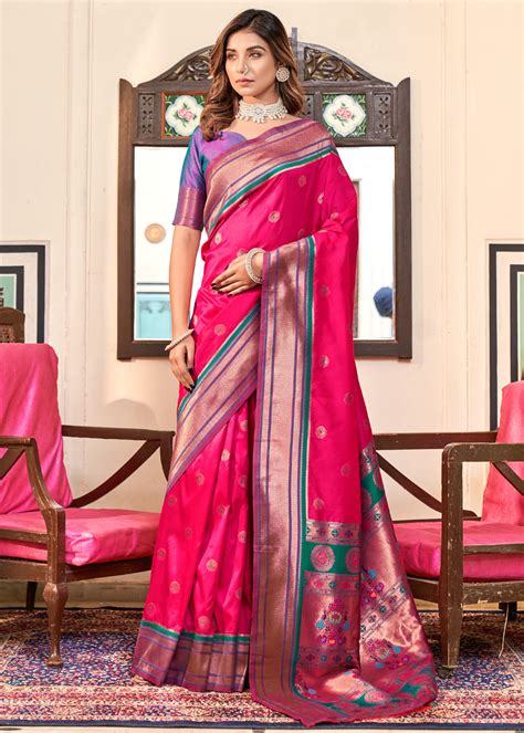 Buy Bright Pink Woven Paithani Soft Silk Saree Online - MySilkLove