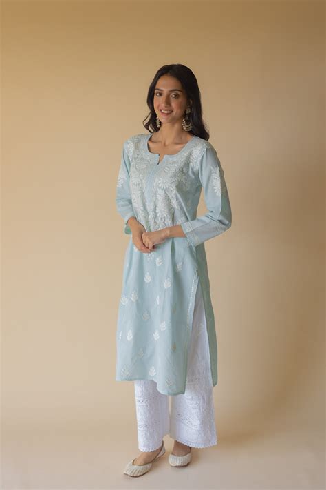 Nazma Cotton Blue Hand Embroidered Chikankari Kurta