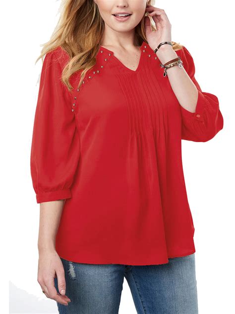 Woman Within - - Woman Within VIVID-RED Studded Pintuck Blouse - Plus ...
