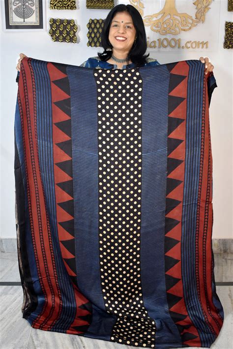 Beautiful Modal Silk Ajrakh Hand Block Print Fabric - 3 mtrs cut ...