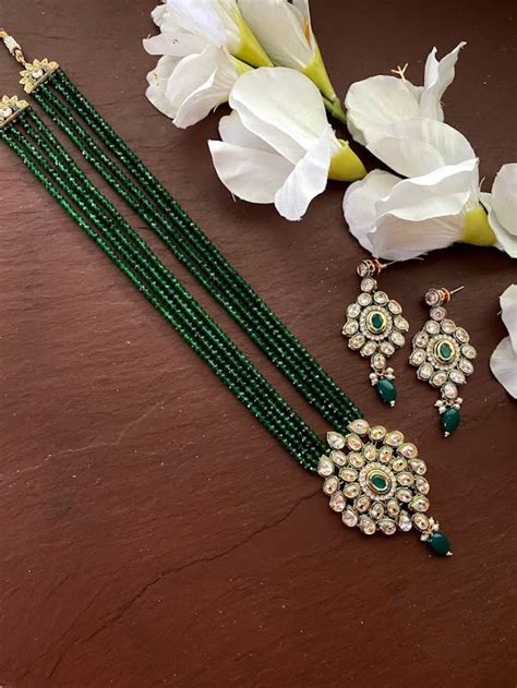 Buy Green Polki Necklace Indian Long Necklace Pakistani Jewelry kundan ...
