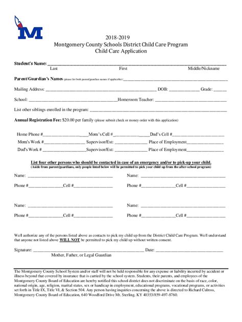 Fillable Online 2018-2019 Montgomery County Schools District Child Care ...
