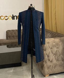 Navy blue sherwani with gold moti and Swarovski work – Ricco India