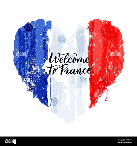 Watercolor french flag in heart shape and welcome to France hand drawn ...