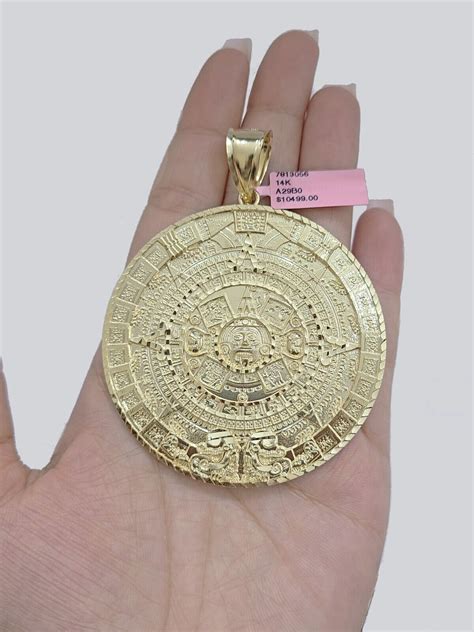 Real 14K Yellow Gold Aztec Calendar Charm Solid Pendant for Chain 14KT ...