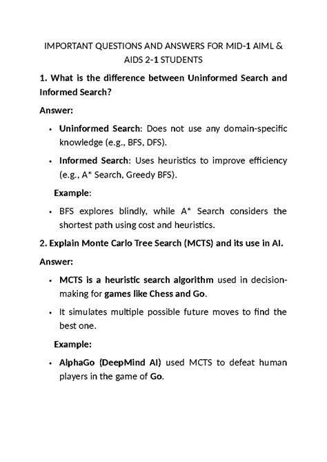 Important Questions and Answers for AIML Midterm Exam - Studocu