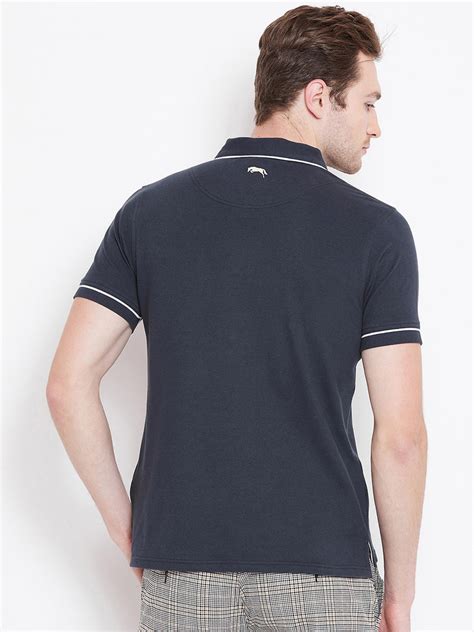 Men Navy Blue Solid Casual Polo T-shirts
