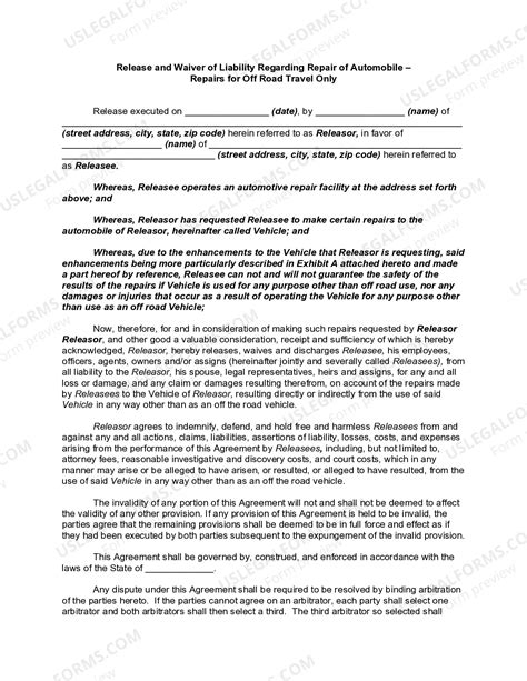 Release and Waiver of Liability Regarding Repair of Automobile ...