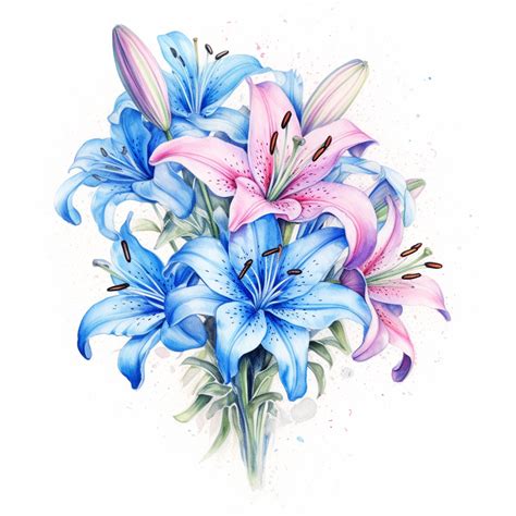a bouquet of bright stargazer lilies with blue tiny flowers , color ...