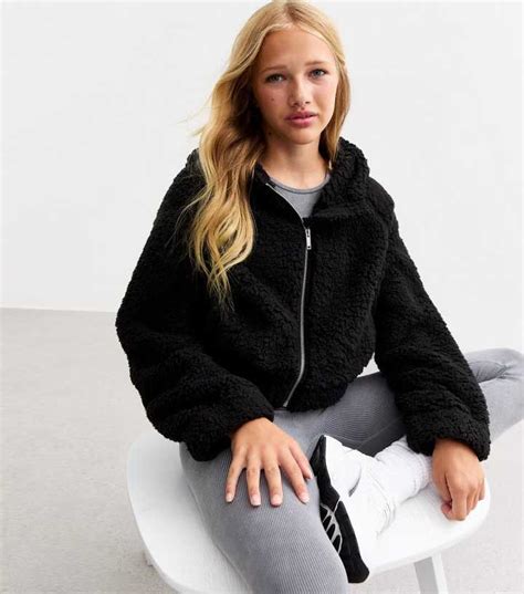 Girls Black Borg Zip Through Hooded Jacket | New Look