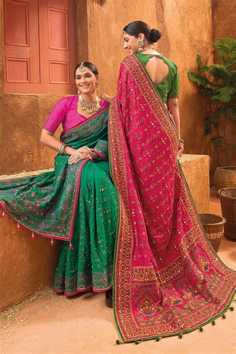 Green Banarasi Silk Saree With Pure Kachhi Work, Diamond & Mirror Heaw ...