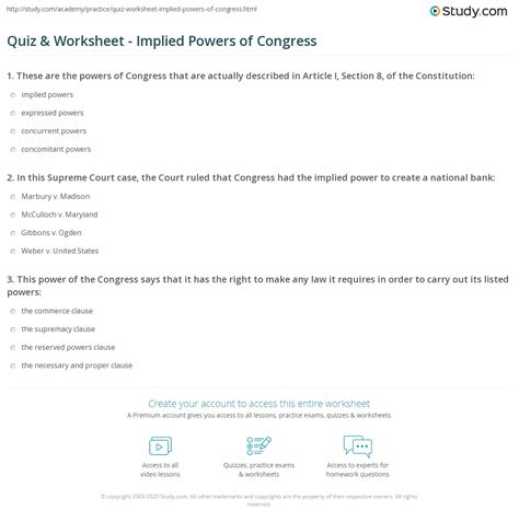 Quiz & Worksheet - Implied Powers of Congress | Study.com
