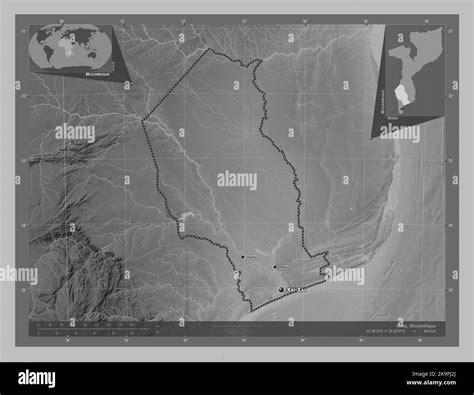 Gaza, province of Mozambique. Grayscale elevation map with lakes and ...