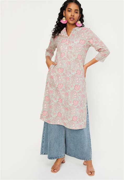 Buy Women Floral Printed Band Collar Neck Straight Kurta Online at just ...