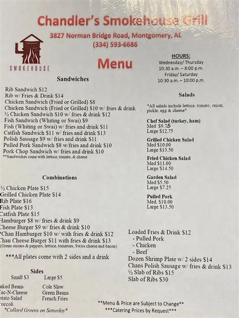 Chandler’s Smokehouse Grill Menu - Updated November 2025