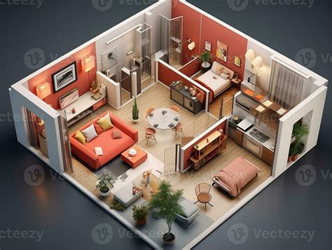 AI generated 3D floor plan of an open concept living apartment layout ...