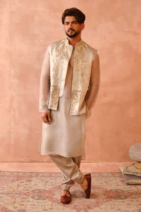 Buy Grey Satin, Georgette Embroidery Bundi And Jogger Pant Set For Men ...