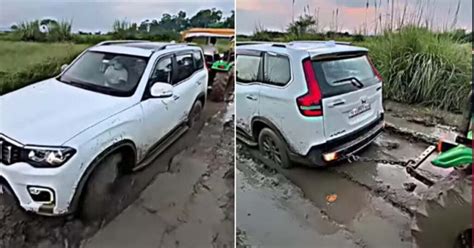 Mahindra Scorpio N 4×4 Royally Stuck in Slush, Tractor Tows it Out ...