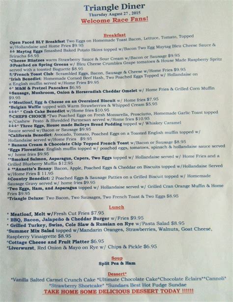 Menu at Triangle Diner restaurant, Saratoga Springs