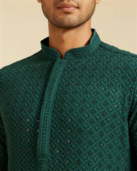 BOTTLE GREEN CHIKANKARI EMBROIDERED KURTA PAJAMA SET