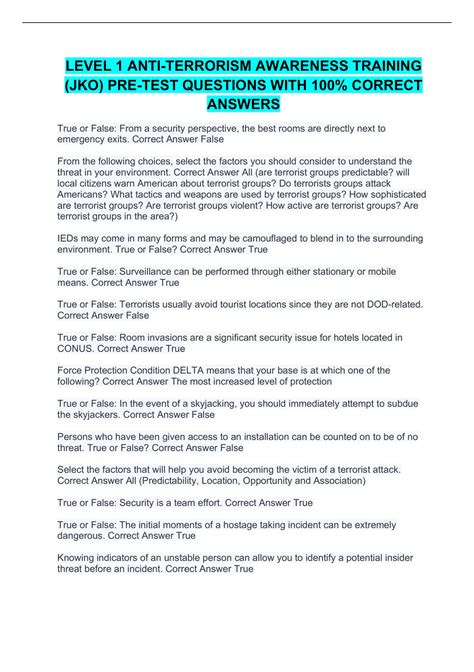 LEVEL 1 ANTI-TERRORISM AWARENESS TRAINING (JKO) PRE-TEST QUESTIONS WITH ...