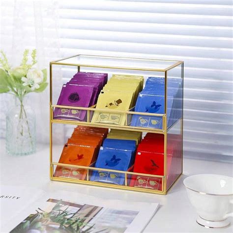 Glass Tea Bag Organizer For Counter, 2-Tier Teabag Organizer Storage ...